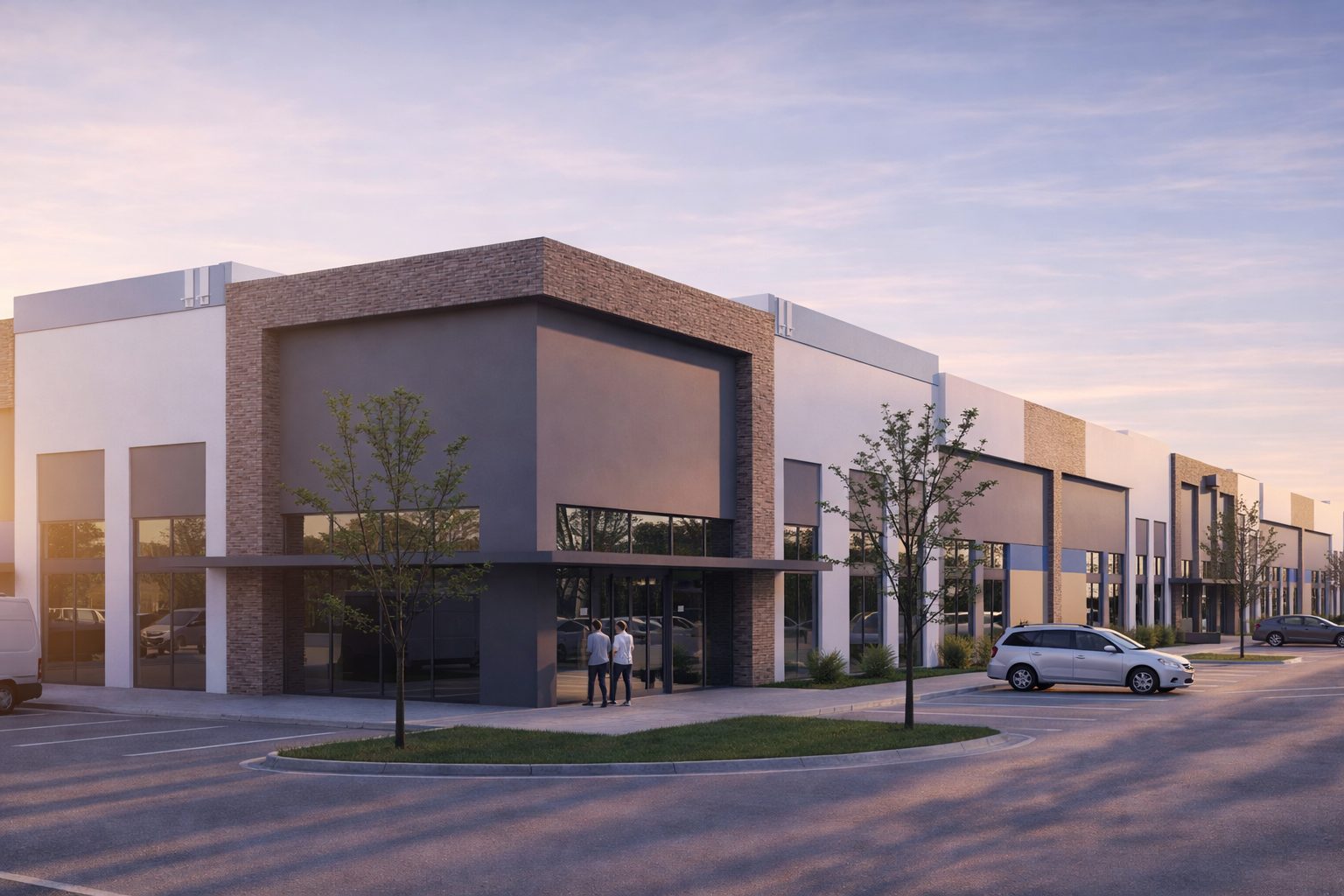 Rendering of the Belvedere Road industrial development at sunset